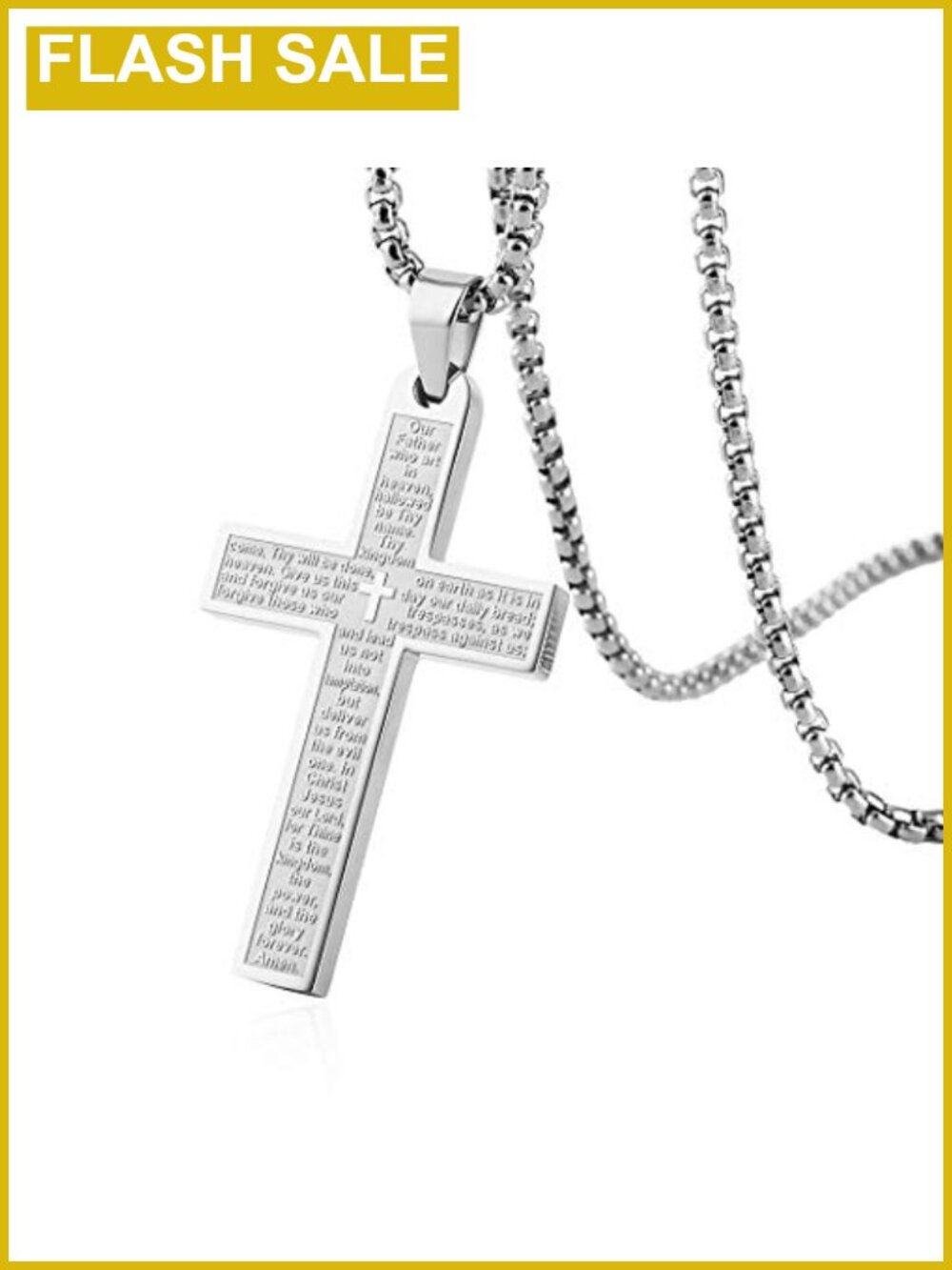 Stainless Steel Lord's Prayer Cross Necklace Rolo Chain 24 in Religious Gift
